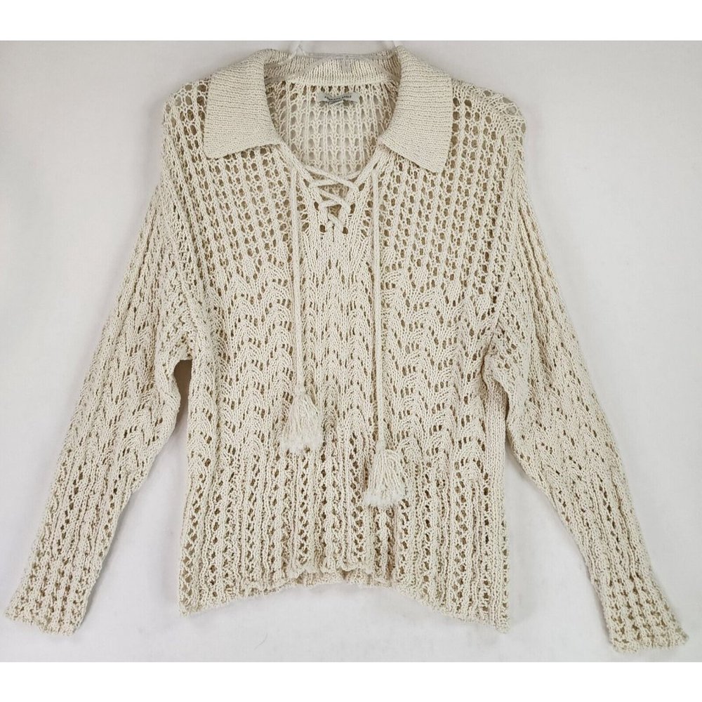 Amreican Eagle Sweater Womens Small Cream Textured Boho Tassel Tie Open Knit Top